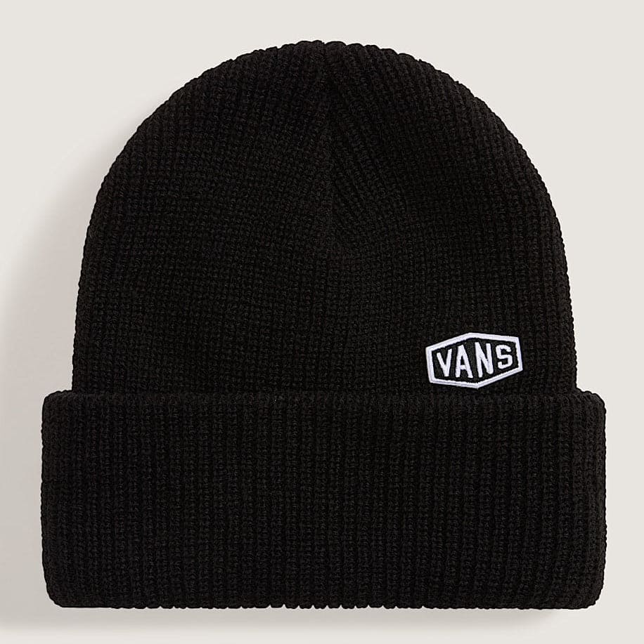 Black beanie with a Vans logo on a light gray background