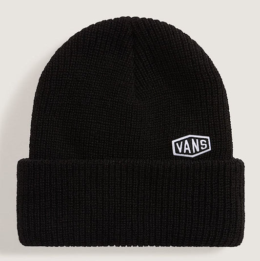 Black beanie with a Vans logo on a light gray background