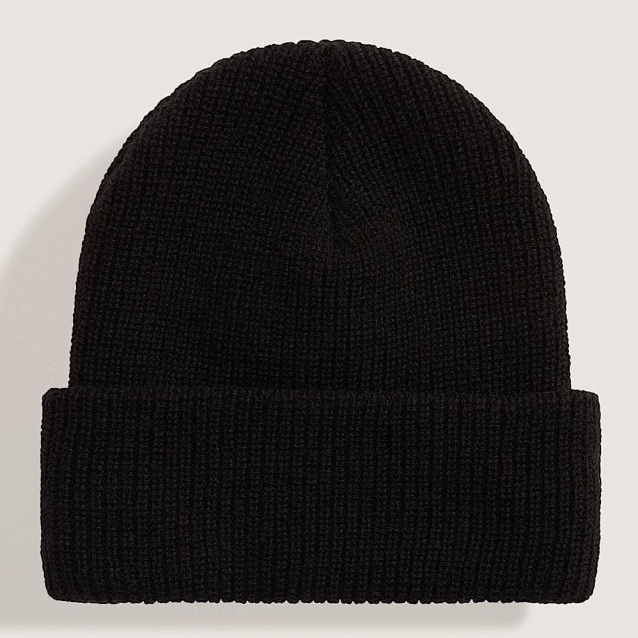 Black knit beanie on a light gray background