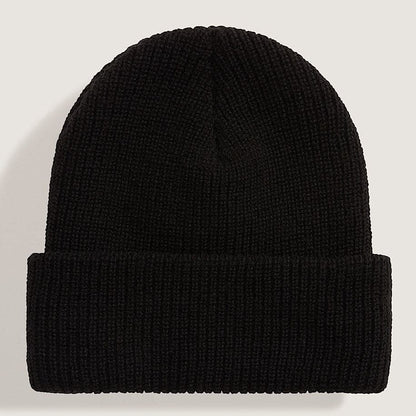 Black knit beanie on a light gray background