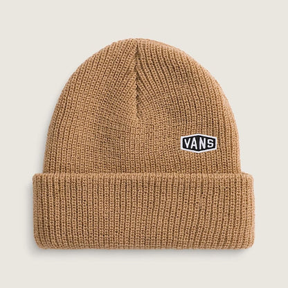 Brown knit beanie with Vans logo on a beige background