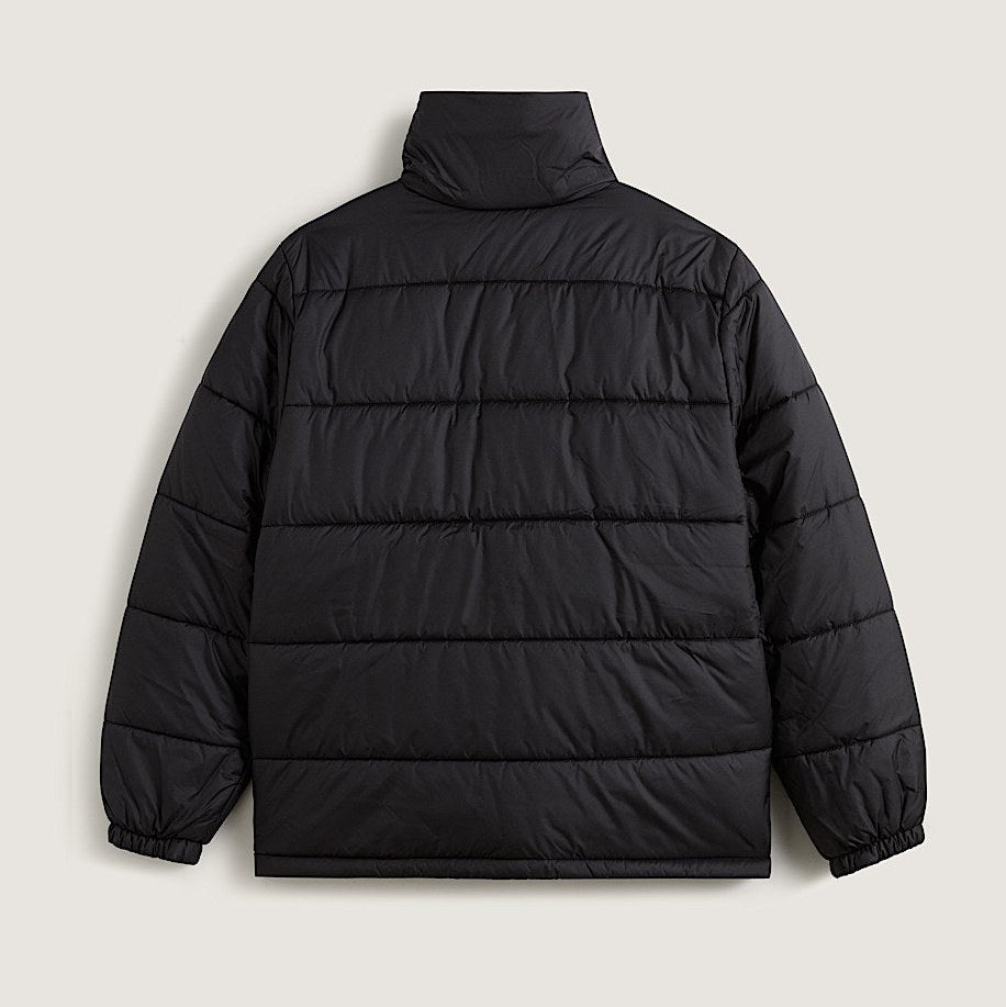 Black puffer jacket on a light gray background