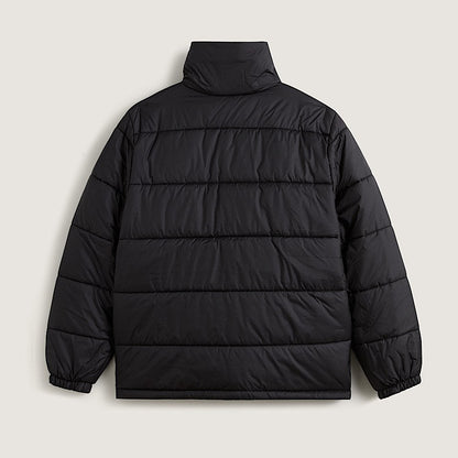 Black puffer jacket on a light gray background