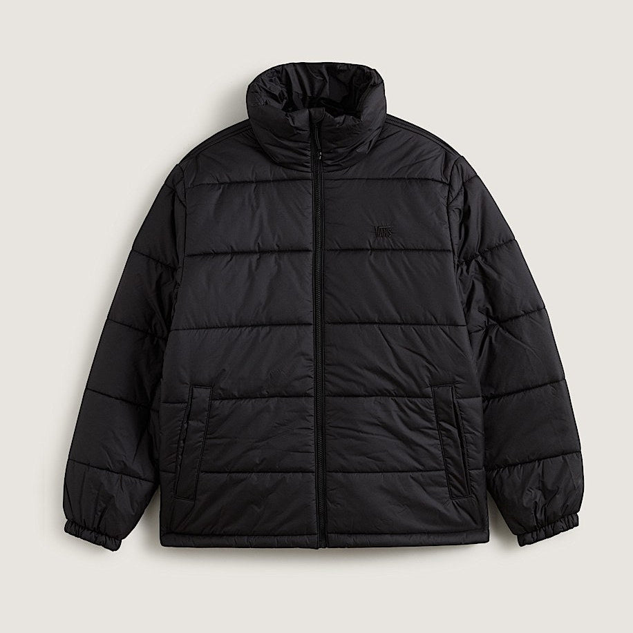Black puffer jacket on a light gray background