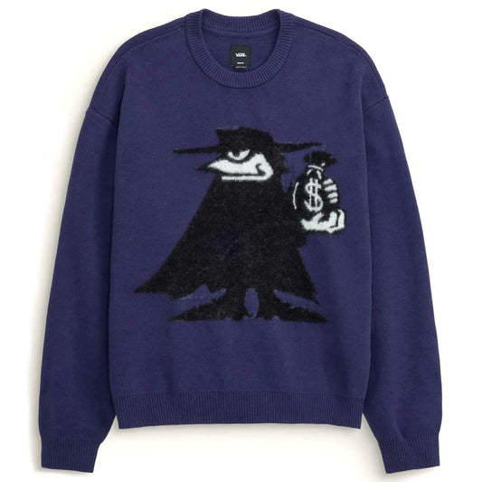 Blue sweater with a black and white graphic design on a white background