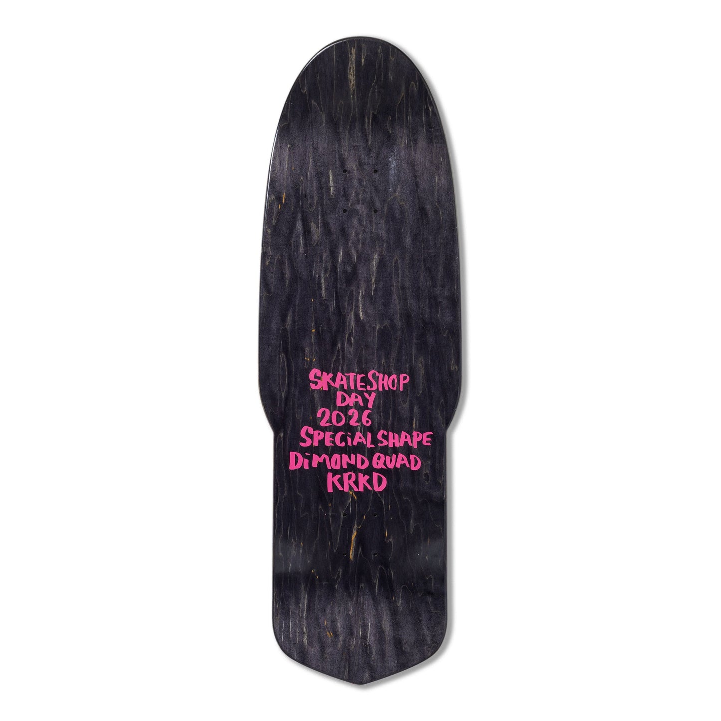 Black skateboard deck with pink text on a white background