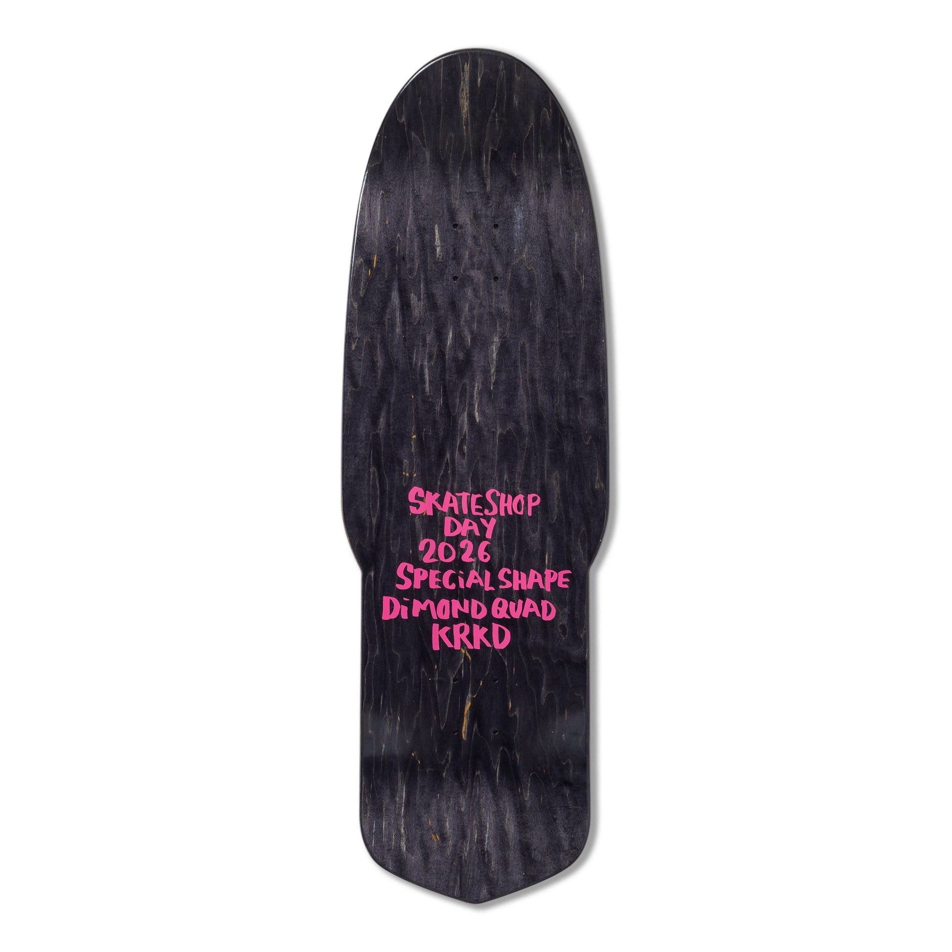 Black skateboard deck with pink text on a white background