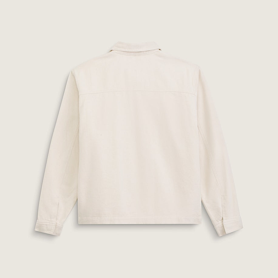 A light cream-colored long-sleeve utility jacket shown from the back, laid flat against a solid, light beige background.