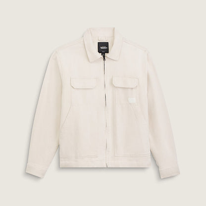 An off-white canvas utility jacket with a front zipper, two chest flap pockets, and a small white brand patch on the left chest, displayed on a light beige background.