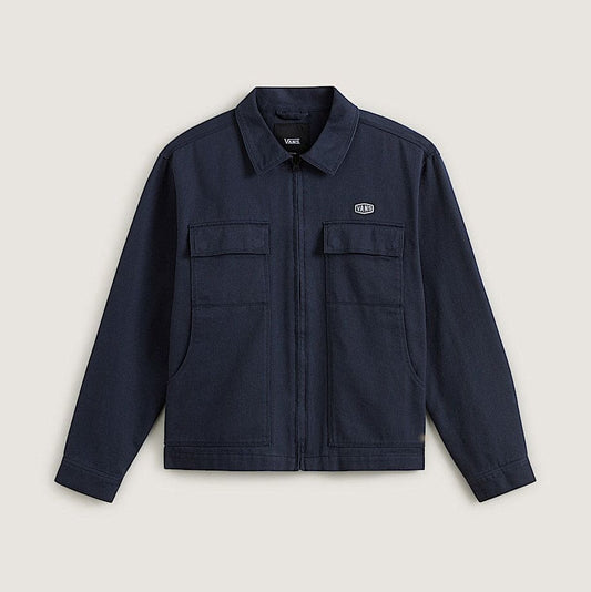 Navy jacket with a brand logo on a light gray background