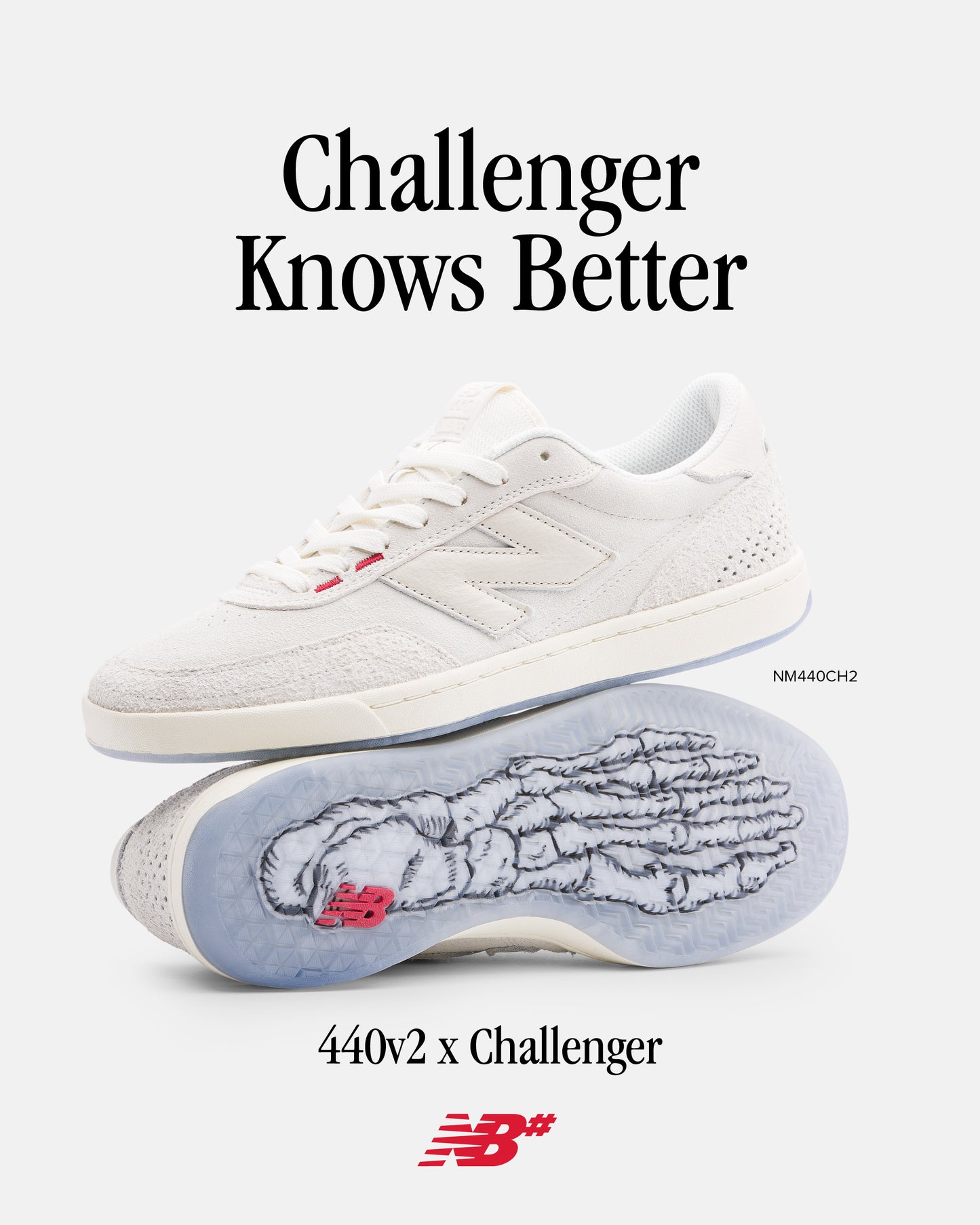 White sneaker with blue sole featuring a cat design, 'Challenger Knows Better' text, and New Balance logo.