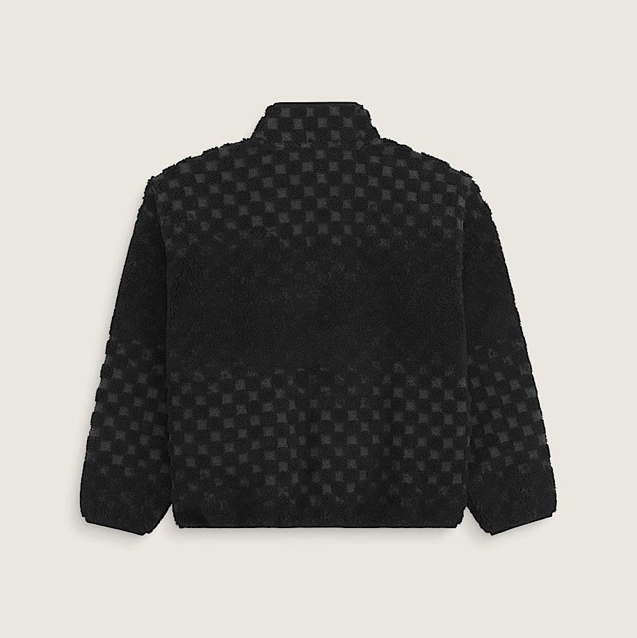 Black textured jacket with a subtle checkerboard pattern, shown from the back on a light beige background.
