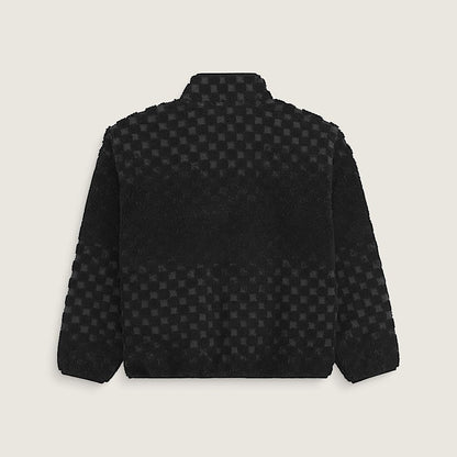 Black textured jacket with a subtle checkerboard pattern, shown from the back on a light beige background.