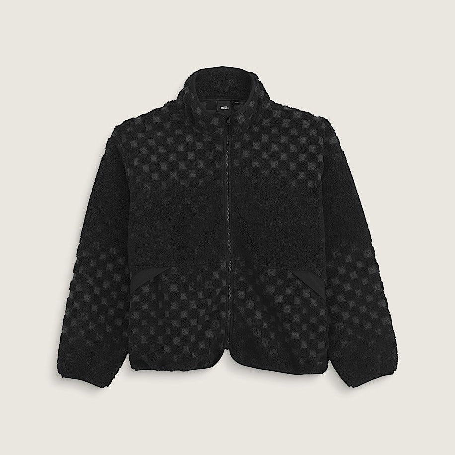 A black textured fleece jacket with a subtle checkerboard pattern on the upper body and sleeves, featuring a stand-up collar and front zipper, shown against a light beige background.