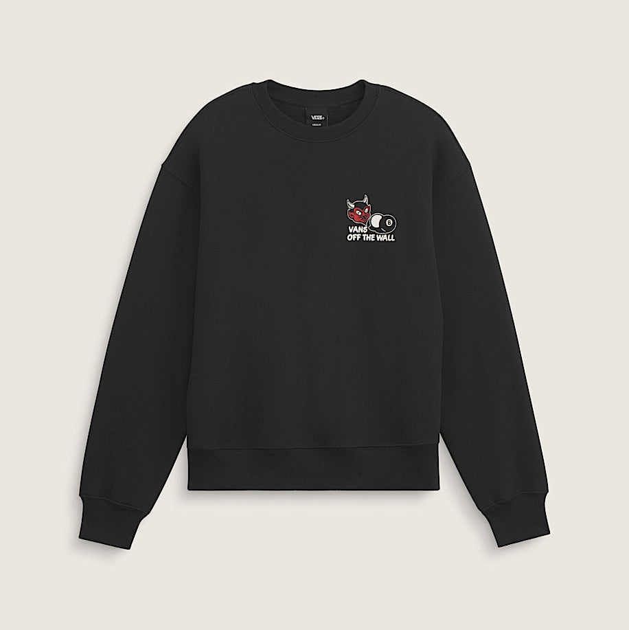 A black crewneck sweatshirt with a small graphic on the left chest featuring a cartoon cow and the text 'KEEP A HEAD OFF THE MALL', displayed against a light beige background.