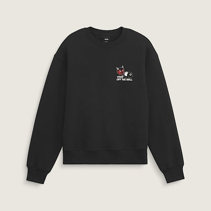 A black crewneck sweatshirt with a small graphic on the left chest featuring a cartoon cow and the text 'KEEP A HEAD OFF THE MALL', displayed against a light beige background.