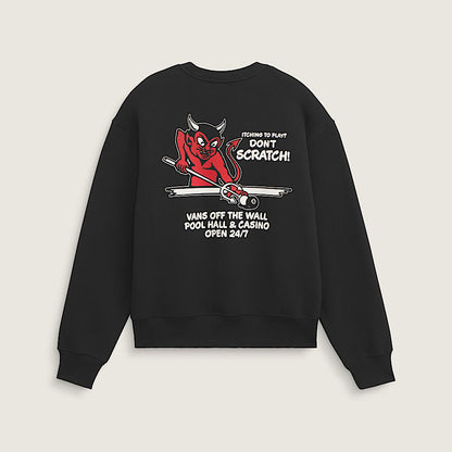A black crewneck sweatshirt with a red devil graphic and white text on the back, displayed against a light gray background.