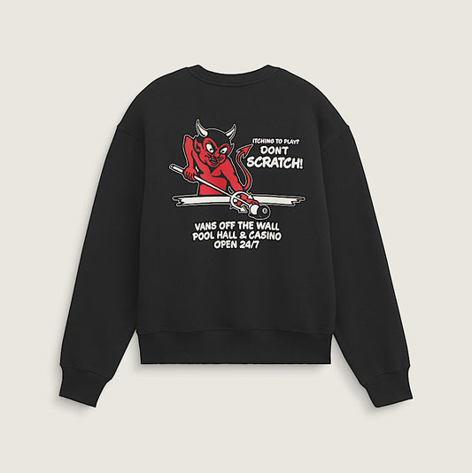A black crewneck sweatshirt with a red devil graphic and white text on the back, displayed against a light gray background.