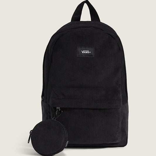 Black backpack with a smaller round pouch on a light gray background