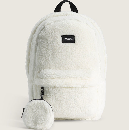 White sherpa backpack with a small matching pouch on a light gray background