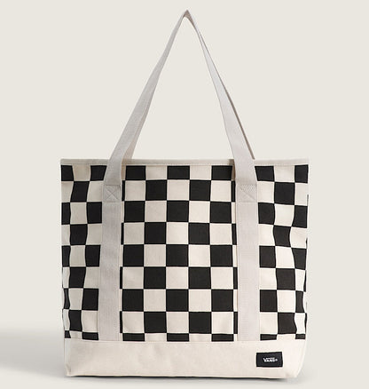 Checkered tote bag with a visible brand logo on a light gray background