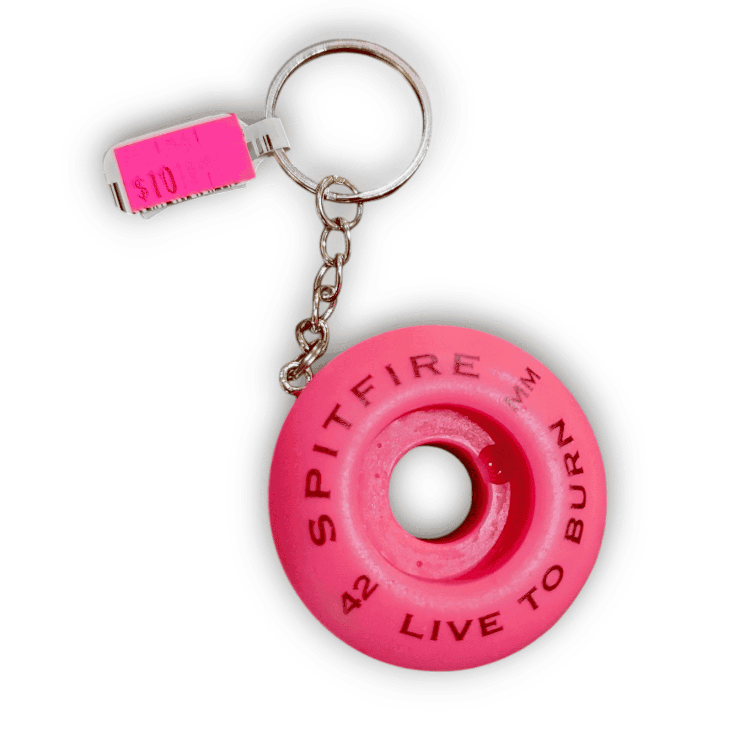Pink Spitfire skateboard wheel keychain on a white background
