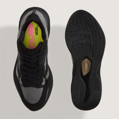 A pair of black and gray Vans sneakers shown from the top and sole views against a light gray background.