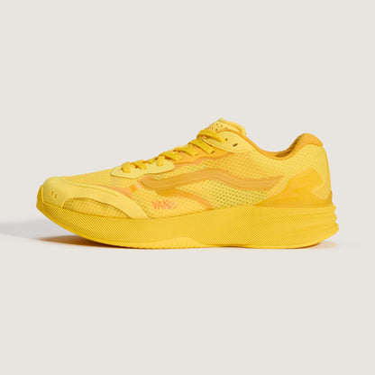 A single yellow athletic sneaker shown in a side profile view against a light gray background.