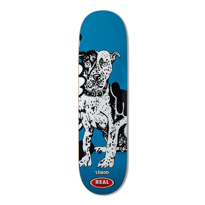Skateboard deck with a dog illustration on a blue background