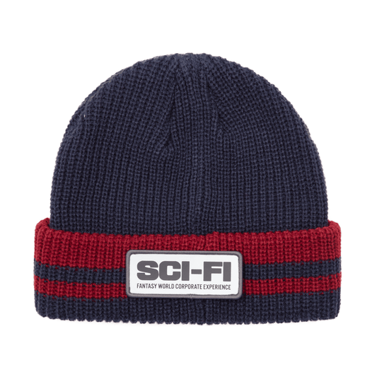 Sci-Fi Fantasy | Reflective Patch Striped Beanie - Navy/Red