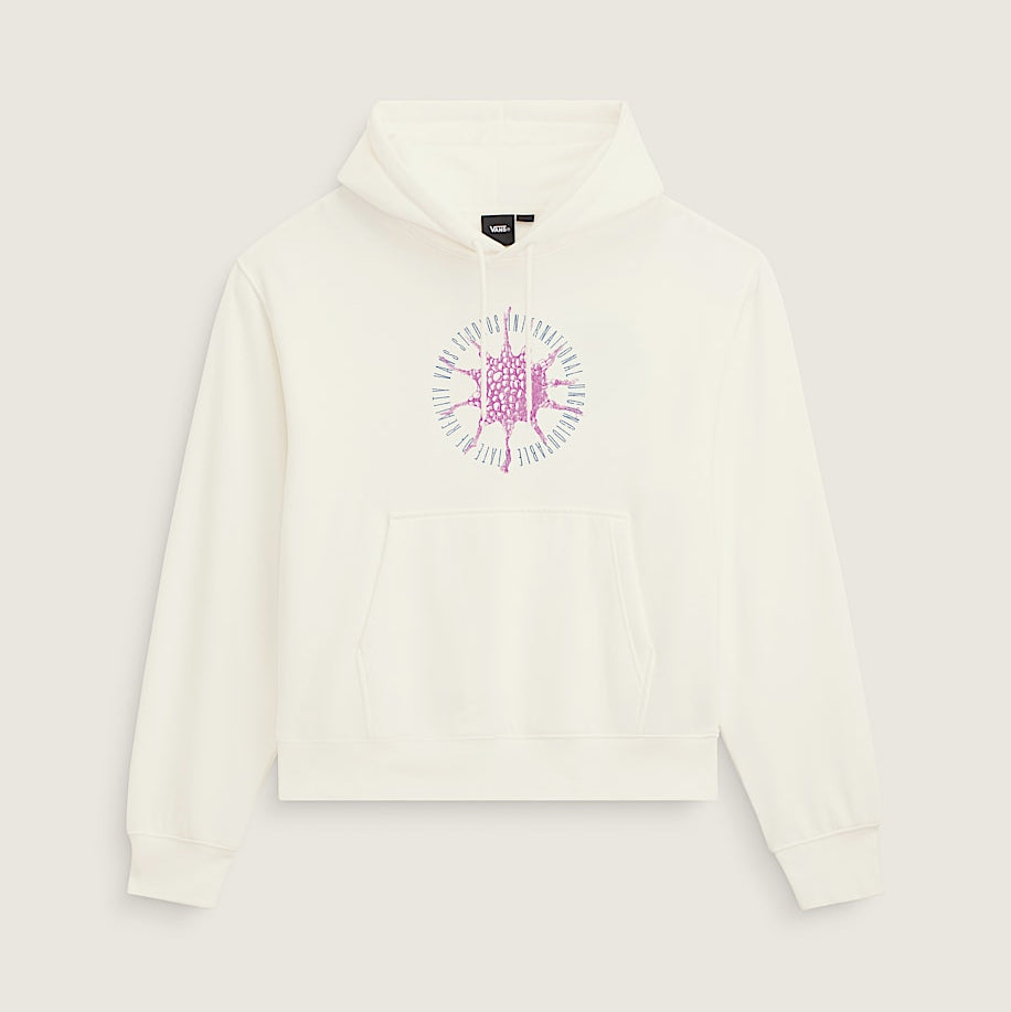 An off-white cropped hoodie with a pink and blue graphic print on the chest, displayed against a solid light beige background.