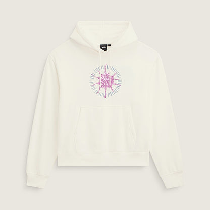An off-white cropped hoodie with a pink and blue graphic print on the chest, displayed against a solid light beige background.