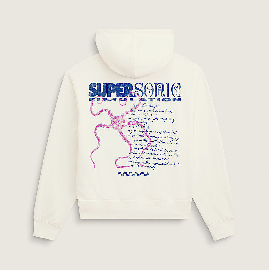 An off-white hooded sweatshirt shown from the back, featuring a graphic print with the text 'SUPERSONIC IMPLICATION' in blue, a pink octopus illustration, and handwritten-style text.