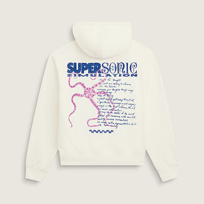 An off-white hooded sweatshirt shown from the back, featuring a graphic print with the text 'SUPERSONIC IMPLICATION' in blue, a pink octopus illustration, and handwritten-style text.