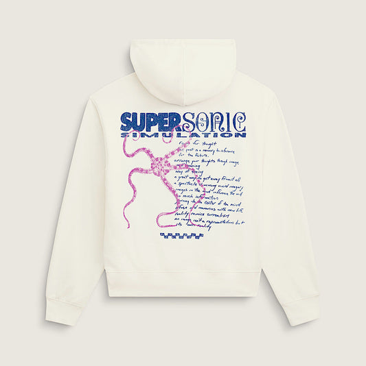 An off-white hooded sweatshirt shown from the back, featuring a graphic print with the text 'SUPERSONIC IMPLICATION' in blue, a pink octopus illustration, and handwritten-style text.