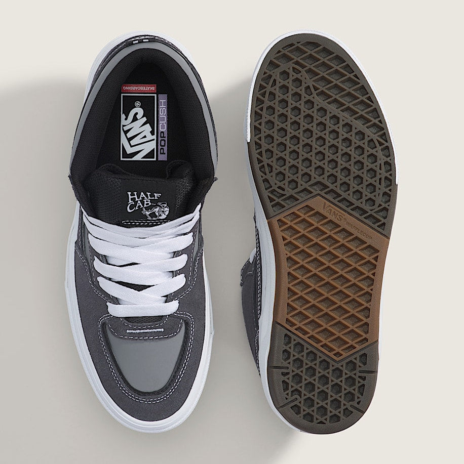 A pair of Vans Balenciaga x Vans High Profile skate shoes shown from a top-down view, featuring a dark gray and black upper, white laces, a white midsole, and a brown and black outsole.