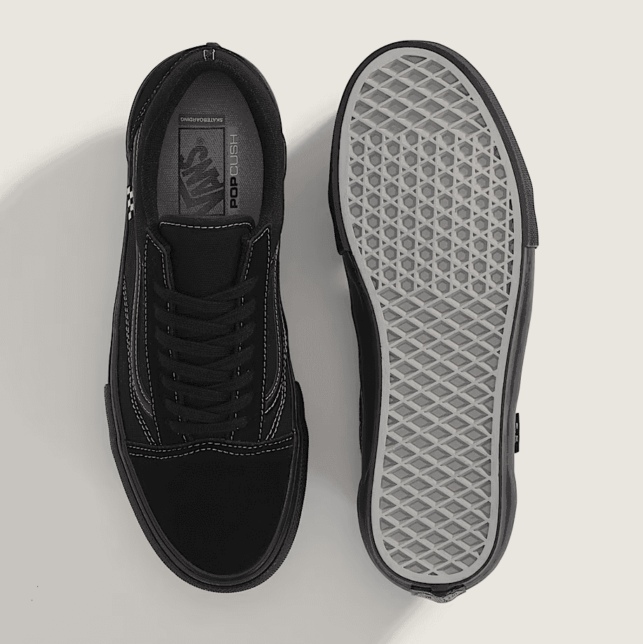 Black sneaker with a focus on sole texture on a light gray background