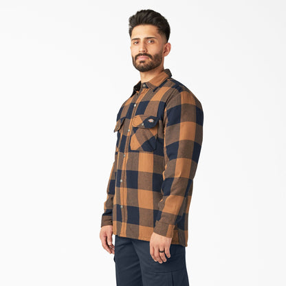 Dickies | Flannel Sherpa Lined Shacket - Brown Duck/Navy Buffalo Plaid