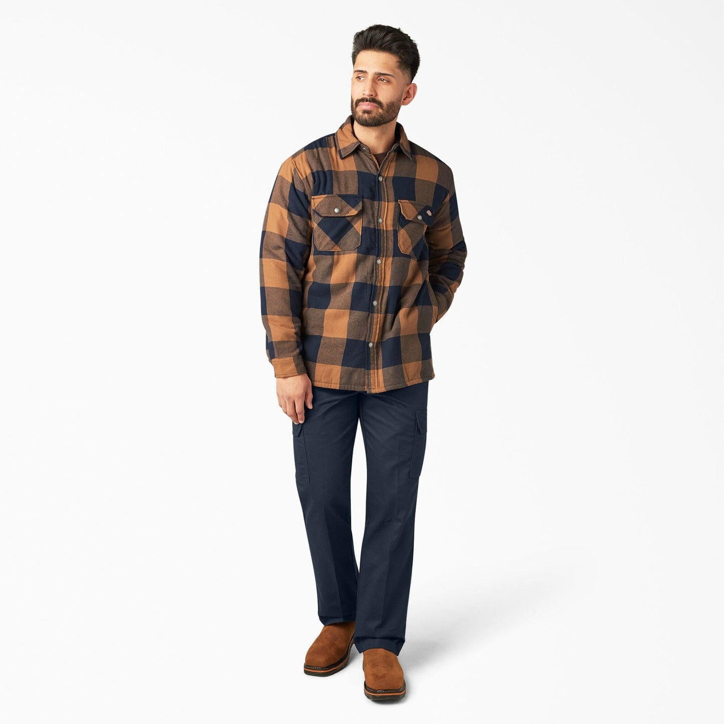 Dickies | Flannel Sherpa Lined Shacket - Brown Duck/Navy Buffalo Plaid