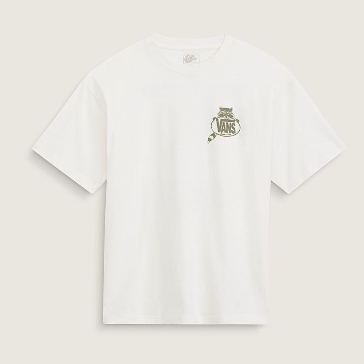 A white short-sleeve crewneck t-shirt with a small embroidered crest on the left chest, displayed flat against a light beige background.