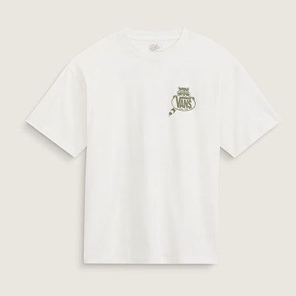 A white short-sleeve crewneck t-shirt with a small embroidered crest on the left chest, displayed flat against a light beige background.