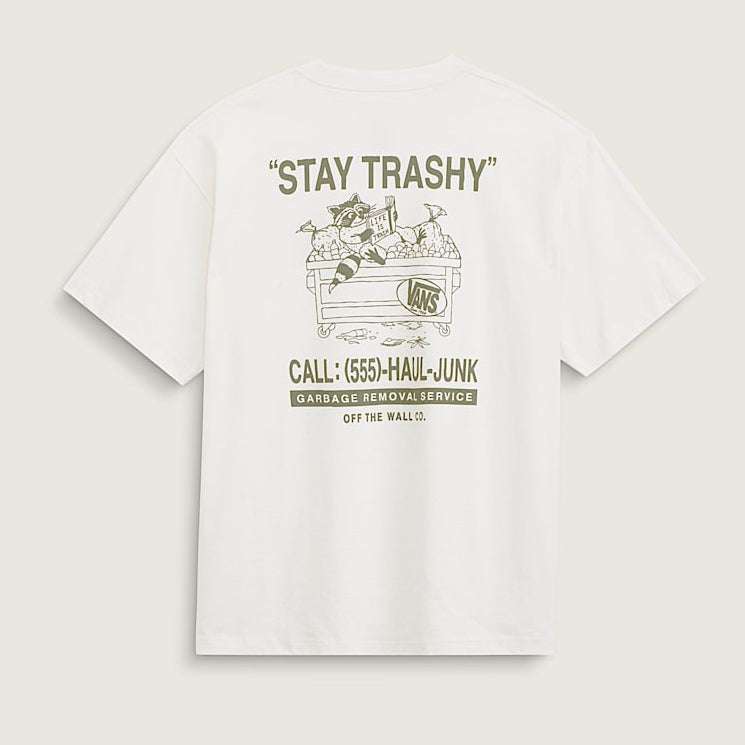 A white short-sleeve t-shirt shown from the back, featuring a distressed olive green graphic print with the text 'STAY TRASHY' and a vintage-style illustration.