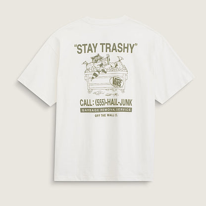A white short-sleeve t-shirt shown from the back, featuring a distressed olive green graphic print with the text 'STAY TRASHY' and a vintage-style illustration.