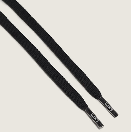 Black shoelaces with Vans logo on a light gray background