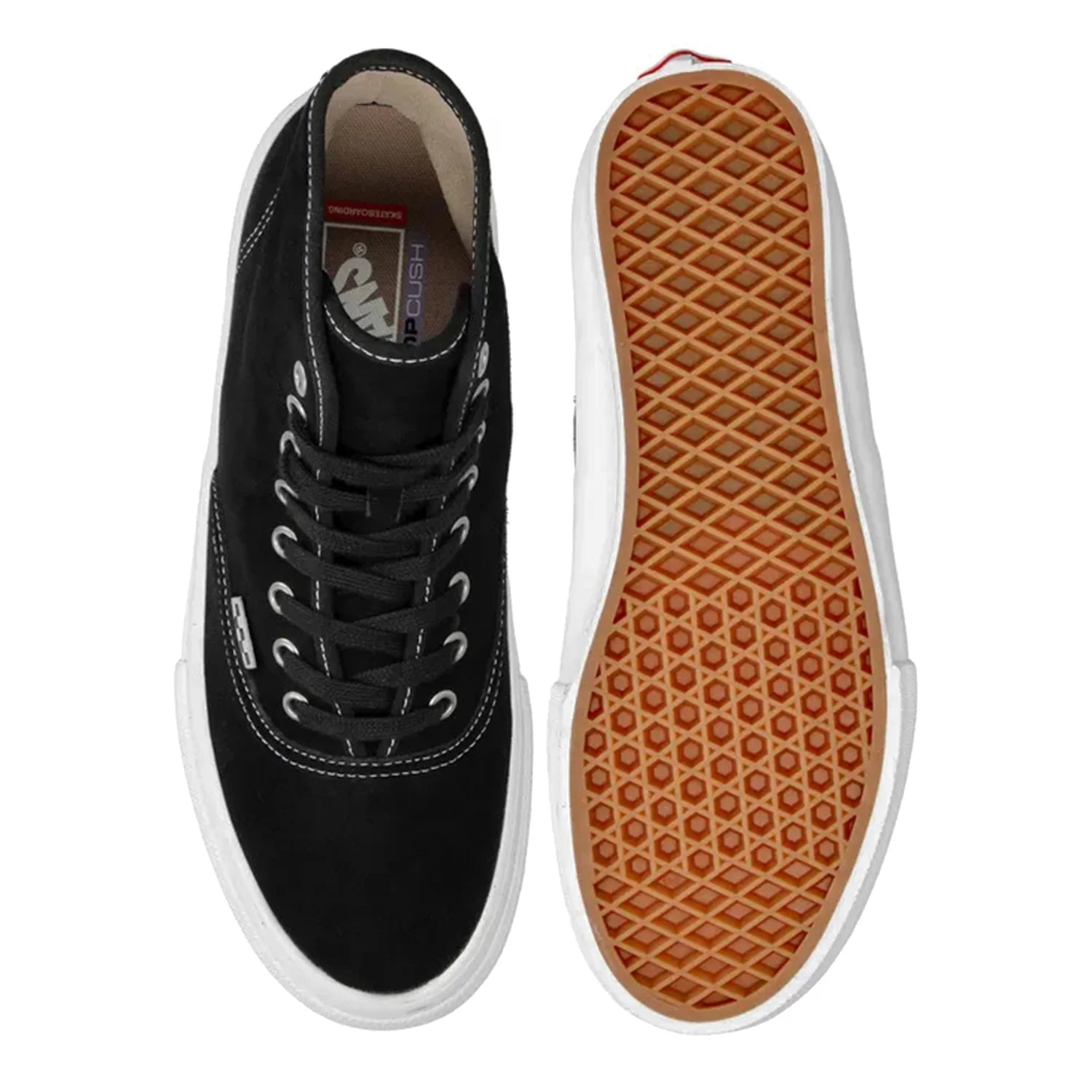 Black sneaker with a brown sole on a white background