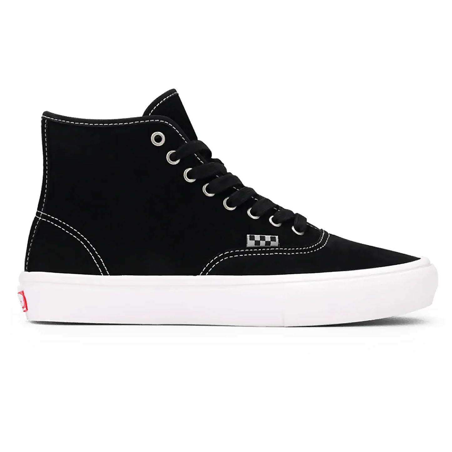 Black high-top sneaker with white sole on a white background