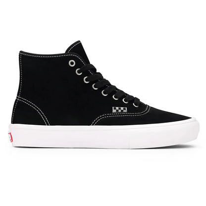 Black high-top sneaker with white sole on a white background