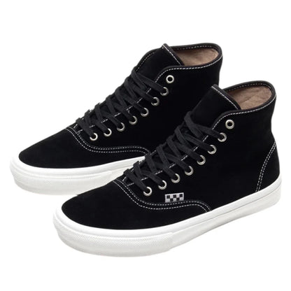 Black high-top sneakers with white soles on a white background