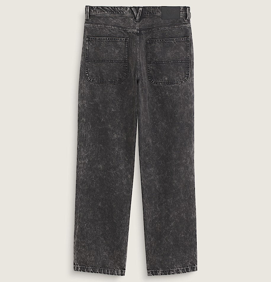 A pair of dark gray acid-wash jeans shown from the back, featuring a high waist, two large back pockets, and a straight-leg fit, laid flat against a light beige background.