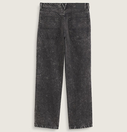A pair of dark gray acid-wash jeans shown from the back, featuring a high waist, two large back pockets, and a straight-leg fit, laid flat against a light beige background.